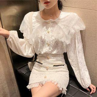 Collared Lace Trim Velvet Blouse