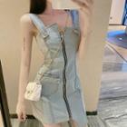 Denim Wide Strap Zip Mini Sheath Dress