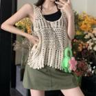 Plain Camisole Top / Sleeveless Crochet Knit Top / Mini Pencil Skirt