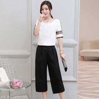Set: Mesh Panel Short-sleeve T-shirt + Capri Wide Leg Pants