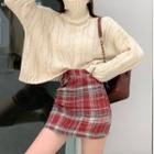 Turtle Neck Sweater / Plaid Mini Fitted Skirt