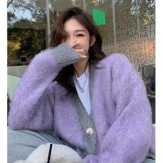 V-neck Two-tone Loose-fit Cardigan Purple - One Size