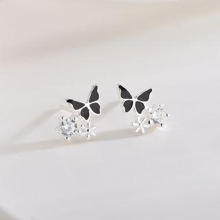 925 Sterling Silver Rhinestone Butterfly Earring 1 Pair - Es676 - One Size