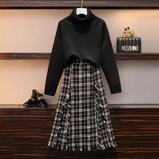Turtleneck Sweater / Plaid Midi A-line Skirt / Set