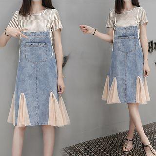 Set: Striped Short Sleeve T-shirt + Mesh Trim Dungaree Dress