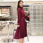 Long-sleeve Stand Collar Midi A-line Pleated Dress