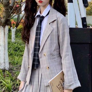 Plain Shirt / Plaid Double-breasted Blazer / Mini A-line Skirt / Set