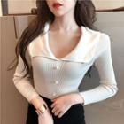 V-neck Long-sleeve Open Knit Top Off-white - One Size