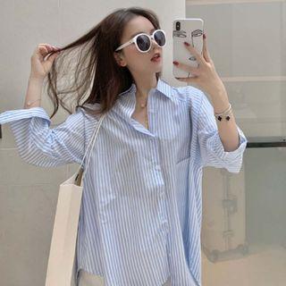 Long-sleeve Oversized Striped Shirt Stripes - Light Blue - One Size