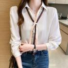 Elbow-sleeve Plain Shirt With Printed Scarf