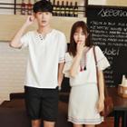 Couple Matching Embroidered Short Sleeve T-shirt / Set: Tasseled Short Sleeve T-shirt + Skirt