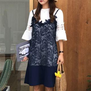 Set: Elbow-sleeve T-shirt Dress + Strappy Lace Dress