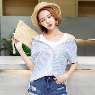 Striped Short-sleeve Mock Two-piece Shirt
