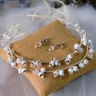 Floral Wedding Headband 1 Pair Hair Band & 1 Pair Earring - White & Silver - One Size