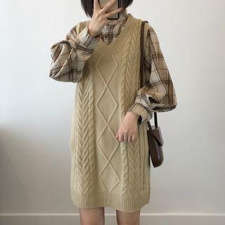 Long-sleeve Plaid Shirt / Long Knit Vest