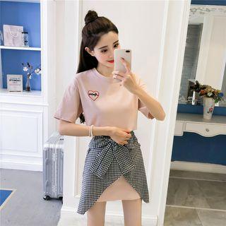 Set: Short-sleeve Long T-shirt + Plaid A-line Mini Skirt
