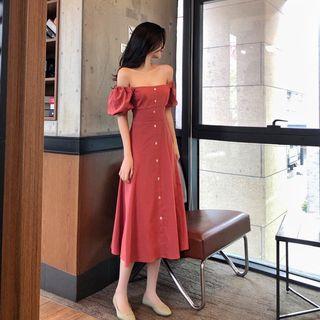 Square Neck Single-breasted A-line Midi Dress