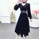 Fringed Trim Lantern-sleeve Midi A-line Dress