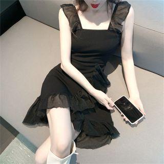 Ruffle Trim Sleeveless A-line Dress Black - One Size