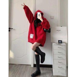 Lettering Knit Hoodie Red - One Size