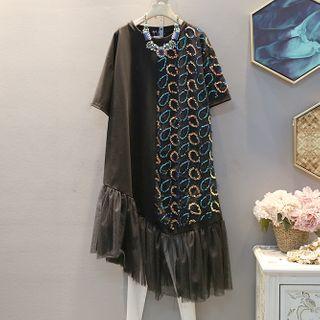 Sequined Panel Short-sleeve T-shirt Dress Black - One Size