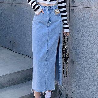 Applique Frayed Denim Midi Pencil Skirt