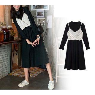 Set: Long-sleeve Midi A-line Dress + Cropped Camisole Top