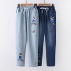 Elastic Waist Cat Embroidered Jeans