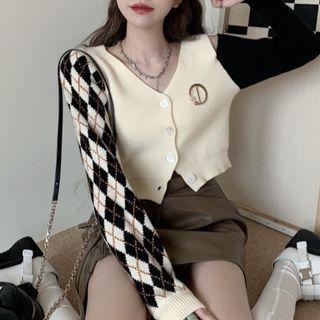 Cold Shoulder Embellished Cardigan / Faux Leather Mini Penil Skirt