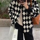 Diamond Pattern Fleece Zip Jacket Black & White - One Size