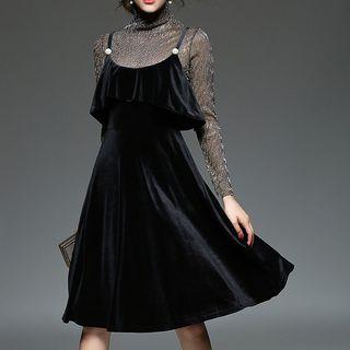 Set: Long-sleeve Glitter Top + Spaghetti Strap Dress