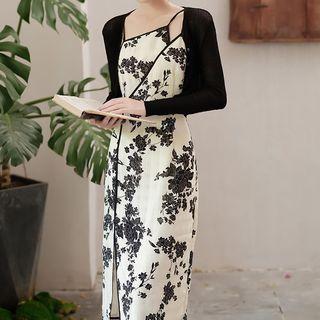Set: Asymmetrical Spaghetti Strap Floral Print Midi Dress + Crop Cardigan