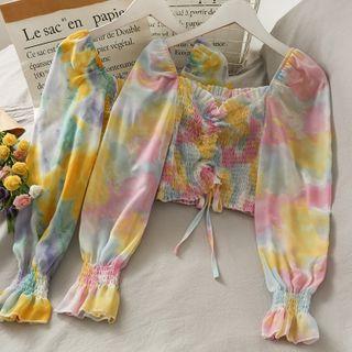 Tie-dyed Drawstring Smocked Crop Top