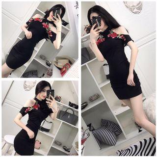 Short-sleeve Off-shoulder Embroidered Sheath Dress