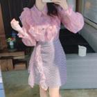 Lantern-sleeve Ruffled Lace Mini Sheath Dress