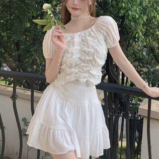 Puff-sleeve Shirred Cropped Blouse / Mini A-line Skirt