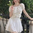 Puff-sleeve Shirred Cropped Blouse / Mini A-line Skirt