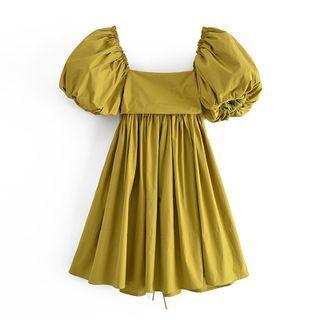 Puff-sleeve Square-neck Cutout-back Plain Mini Dress