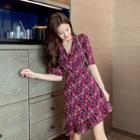 Asymmetric Short-sleeve Floral Print A-line Dress