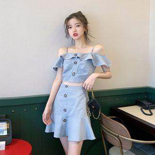 Off-shoulder Top + Buttoned Skirt