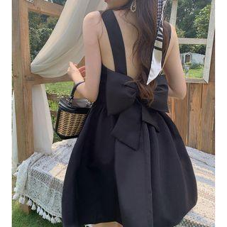 Plain Bow-accent Slim-fit Sleeveless Dress