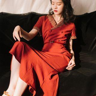 Short-sleeve Belted Midi Mermaid Dress
