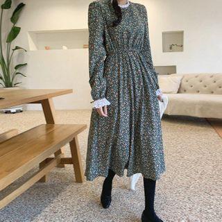 Lace-trim Floral Print A-line Dress Green - One Size