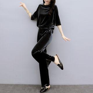 Set: Corduroy Elbow-sleeve Top + Drawstring Wide-leg Pants