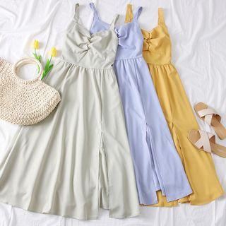 Slited-front Ruched Sleeveless Dress
