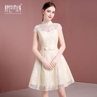 Lace Panel Stand-collar Short-sleeve Cocktail Dress