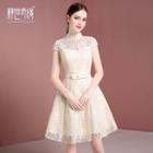 Lace Panel Stand-collar Short-sleeve Cocktail Dress