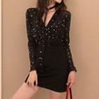 Set: Star Print Long-sleeve Shirt + Ruffled Skirt