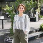 Tie-neck Bishop-sleeve Pattern Top