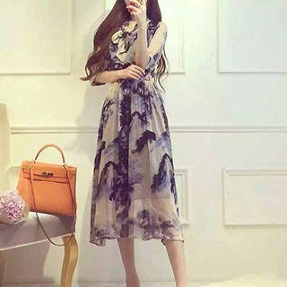 Elbow Sleeve Tie Neck Silk Dress